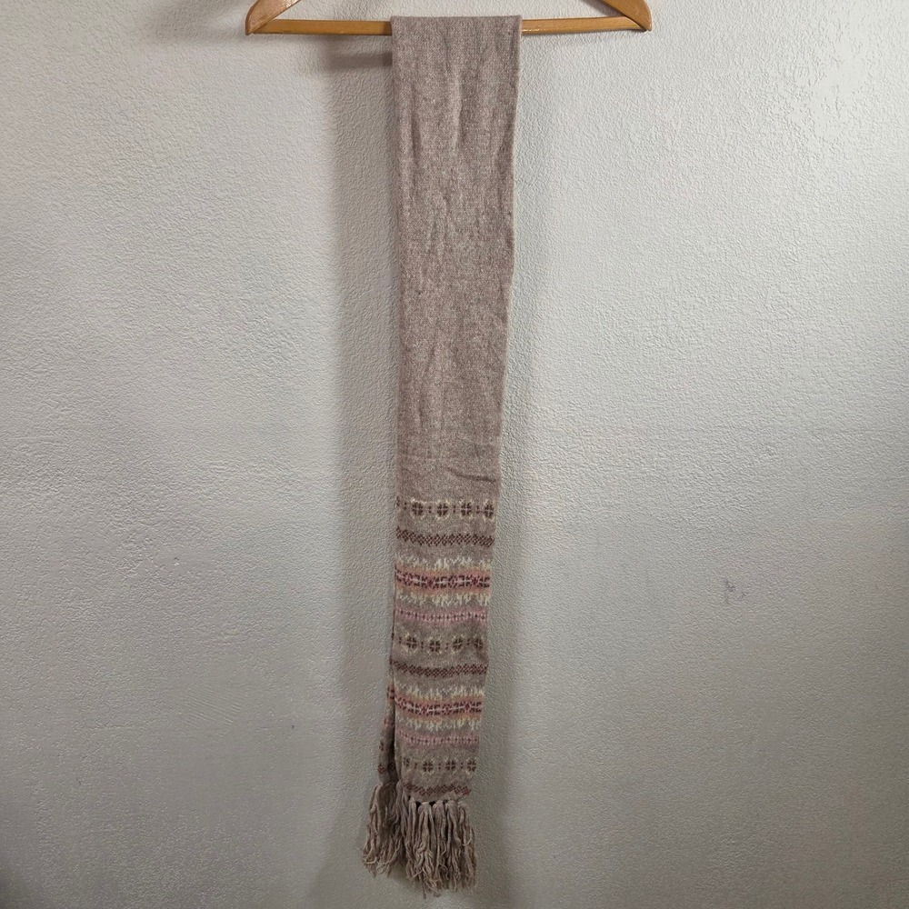American Eagle Fair Isle Scarf Beige Pink Angora Wool Blend Tassel 90 Inch